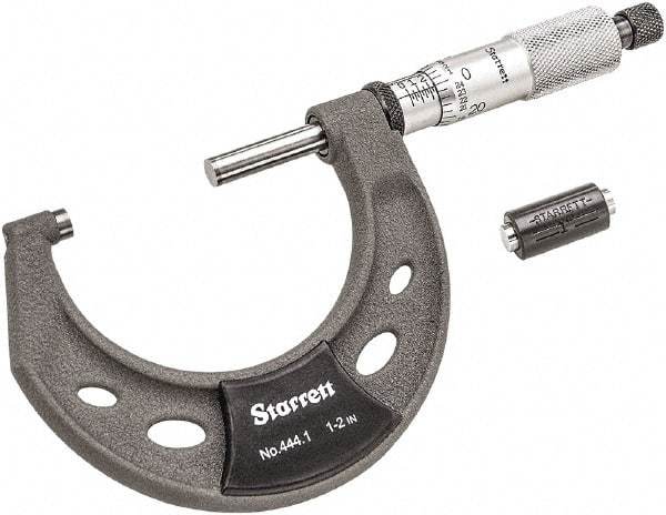 Starrett - 1 to 2" Range, 0.0001" Graduation, Mechanical Outside Micrometer - Ratchet Thimble, 1-1/4" Throat Depth, Accurate to 0.0001" - Benchmark Tooling