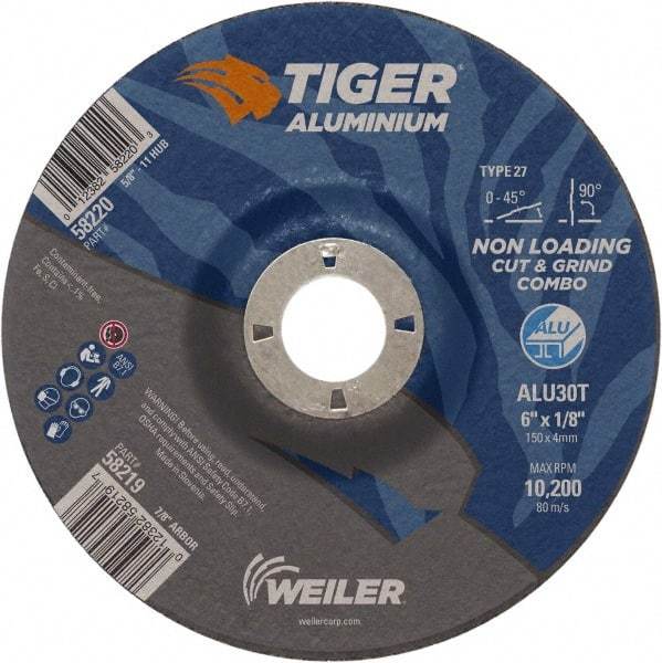 Weiler - 6" 30 Grit Aluminum Oxide/Silicon Carbide Blend Cutoff Wheel - 1/8" Thick, 7/8" Arbor, 10,200 Max RPM, Use with Angle Grinders - Benchmark Tooling