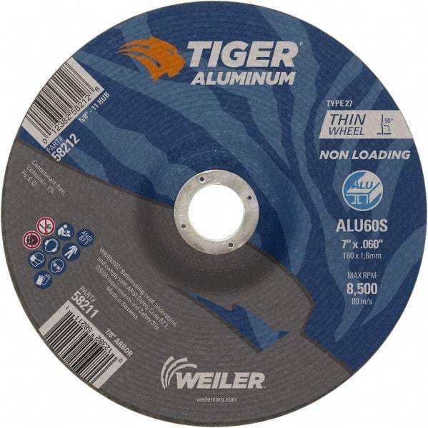 Weiler - 7" 60 Grit Aluminum Oxide/Silicon Carbide Blend Cutoff Wheel - 0.06" Thick, 7/8" Arbor, 8,500 Max RPM, Use with Angle Grinders - Benchmark Tooling