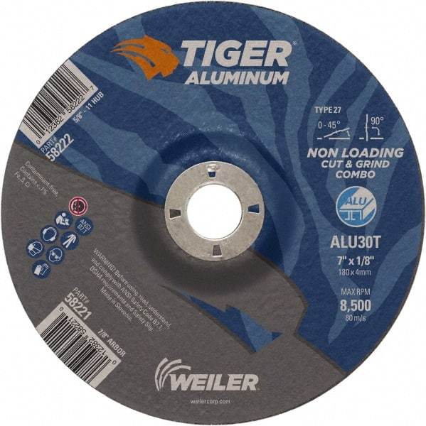 Weiler - 7" 30 Grit Aluminum Oxide/Silicon Carbide Blend Cutoff Wheel - 1/8" Thick, 7/8" Arbor, 8,500 Max RPM, Use with Angle Grinders - Benchmark Tooling