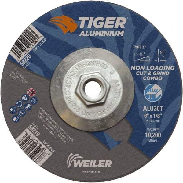 Weiler - 6" 30 Grit Aluminum Oxide/Silicon Carbide Blend Cutoff Wheel - 1/8" Thick, 5/8-11 Arbor, 10,200 Max RPM, Use with Angle Grinders - Benchmark Tooling