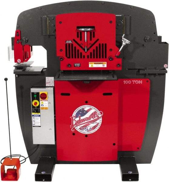 Edwards Manufacturing - 11" Throat Depth, 100 Ton Punch Pressure, 1-1/16" in 1" Punch Capacity Ironworker - 7-1/2 hp, 3 Phase, 460 Volts, 56-1/8" Wide x 61-11/16" High x 45" Deep - Benchmark Tooling