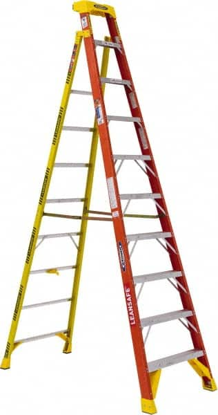 Werner - 9 Steps, 10' High, Type IA Rating, Fiberglass Step Ladder - 300 Lb Load Capacity, 31-13/64" Base Width - Benchmark Tooling