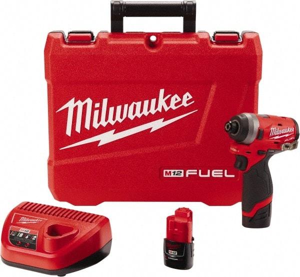 Milwaukee Tool - 1/4" Drive 12 Volt Pistol Grip Cordless Impact Wrench & Ratchet - 3,300 RPM, 0 to 4,000 BPM, 1,300 Ft/Lb Torque, 2 Lithium-Ion Batteries Included - Benchmark Tooling