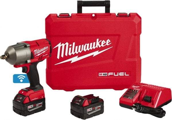 Milwaukee Tool - 1/2" Drive 18 Volt Pistol Grip Cordless Impact Wrench & Ratchet - 1,750 RPM, 0 to 2,100 BPM, 1,400 Ft/Lb Torque, 2 Lithium-Ion Batteries Included - Benchmark Tooling