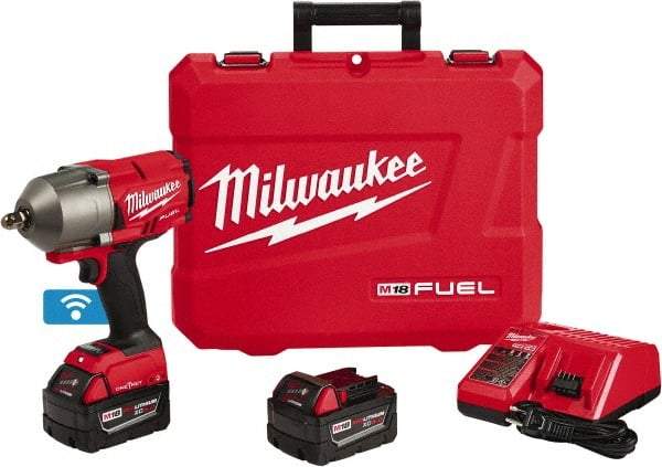 Milwaukee Tool - 1/2" Drive 18 Volt Pistol Grip Cordless Impact Wrench & Ratchet - 1,800 RPM, 0 to 2,400 BPM, 1,100 Ft/Lb Torque, 2 Lithium-Ion Batteries Included - Benchmark Tooling