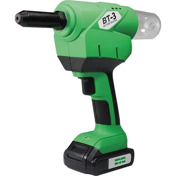 Marson - 3/16 to 1/4" Closed End Rivet Capacity , 4,600 Lb Pull Force Cordless Electric Riveter - 1.18" Stroke Length, 20 VDC, Mandrel Collection, Battery Included - Benchmark Tooling