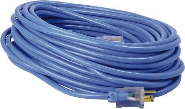 Southwire - 100', 14/3 Gauge/Conductors, Blue & Yellow Industrial Extension Cord - 3 Receptacles, 10 Amps, 125 VAC, UL SJTW, NEMA 5-15P - Benchmark Tooling