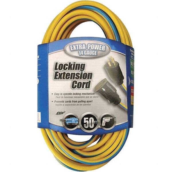 Southwire - 50', 14/3 Gauge/Conductors, Blue & Yellow Locking Extension Cord - 15 Amps, 125 VAC, UL SJTW, NEMA 5-15P - Benchmark Tooling