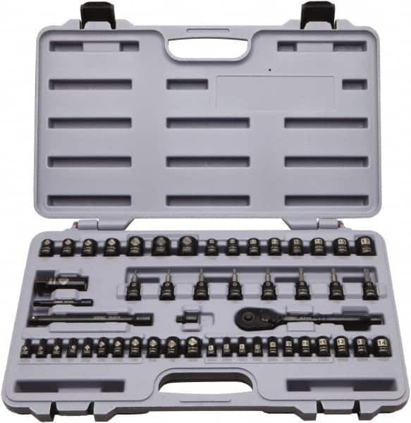 Stanley - 50 Piece 1/4 & 3/8" Drive Standard Socket Set - 5/32 to 9/16", 4 to 18mm, Inch/Metric Measurement Standard - Benchmark Tooling