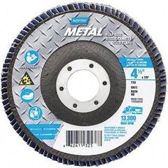 Norton - 60 Grit, 4-1/2" Disc Diam, 7/8" Center Hole, Type 29 Zirconia Alumina Flap Disc - 13,300 Max RPM, Fiberglass Backing, Arbor Attaching System, Coated - Benchmark Tooling