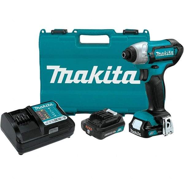 Makita - 12 Volt, 1/4" Drive, 80 Ft/Lb Torque, Cordless Impact Driver - Pistol Grip Handle, 2600 RPM, 2 Lithium-Ion Batteries Included - Benchmark Tooling