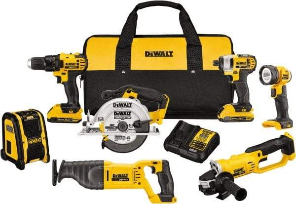 DeWALT - 20 Volt Cordless Tool Combination Kit - Includes 1/2" Compact Drill/Driver, 1/4" Impact Driver, Cut-off Tool/Grinder, Reciprocating Saw, 6-1/2 Circular Saw, LED Worklight & Bluetooth Speaker, Lithium-Ion Battery Included - Benchmark Tooling