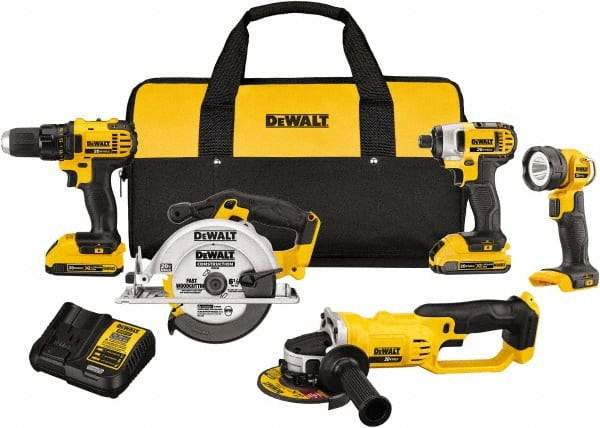 DeWALT - 20 Volt Cordless Tool Combination Kit - Includes 1/2" Compact Drill/Driver, 1/4" Impact Driver, Cut-off Tool/Grinder, 6-1/2 Circular Saw & LED Worklight, Lithium-Ion Battery Included - Benchmark Tooling