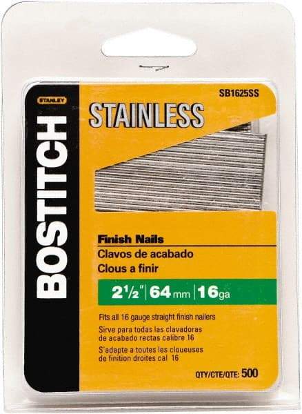 Stanley Bostitch - 16 Gauge 1/16" Shank Diam 2-1/2" Long Finishing Nails for Power Nailers - Stainless Steel, Smooth Shank, Straight Stick Adhesive Collation, Round Head, Chisel Point - Benchmark Tooling