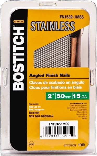 Stanley Bostitch - 15 Gauge 0.07" Shank Diam 1-1/2" Long Finishing Nails for Power Nailers - Stainless Steel, Smooth Shank, Angled Stick Adhesive Collation, Round Head, Chisel Point - Benchmark Tooling