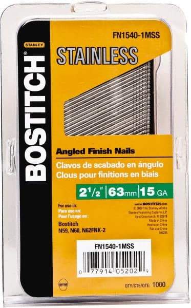 Stanley Bostitch - 15 Gauge 0.07" Shank Diam 2-1/2" Long Finishing Nails for Power Nailers - Stainless Steel, Smooth Shank, Angled Stick Adhesive Collation, Round Head, Chisel Point - Benchmark Tooling