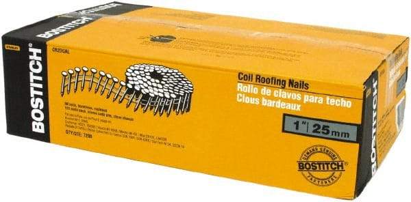 Stanley Bostitch - 13 Gauge 1" Long Roofing Nails for Power Nailers - Steel, Galvanized Finish, Smooth Shank, Coil Wire Collation, Round Head, Diamond Point - Benchmark Tooling