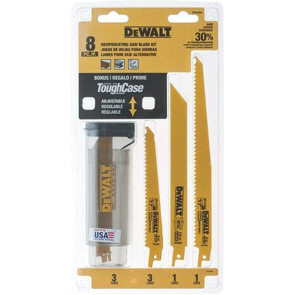 DeWALT - 8 Pieces, 6" to 9" Long x 0.04" to 0.06" Thickness, Bi-Metal Reciprocating Saw Blade Set - Straight Profile, 6 to 18 Teeth, Toothed Edge - Benchmark Tooling