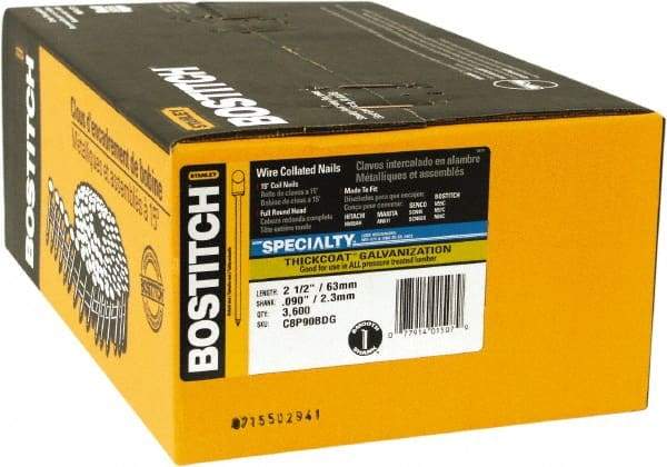 Stanley Bostitch - 13 Gauge 2-1/2" Long Siding Nails for Power Nailers - Steel, Galvanized Finish, Smooth Shank, Coil Wire Collation, Round Head, Blunt Diamond Point - Benchmark Tooling