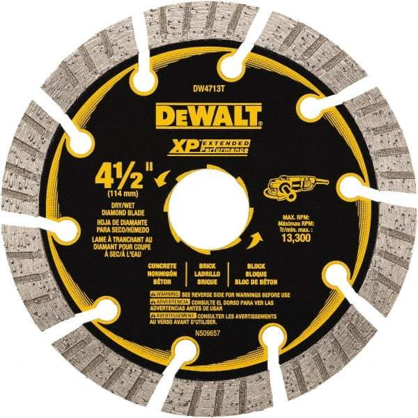 DeWALT - 4-1/2" Diam, 5/8" Arbor Hole Diam, 10 Tooth Wet & Dry Cut Saw Blade - Diamond Matrix, Fast Cutting Action, Standard Round Arbor - Benchmark Tooling