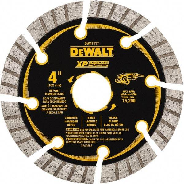 DeWALT - 4" Diam, 7/8" Arbor Hole Diam, 8 Tooth Wet & Dry Cut Saw Blade - Diamond Matrix, Fast Cutting Action, Standard Round Arbor - Benchmark Tooling