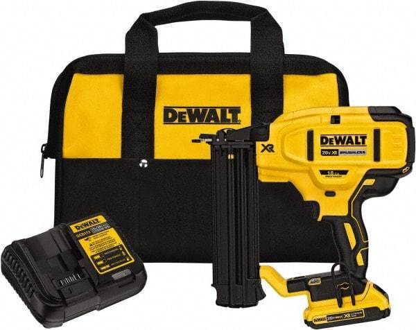 DeWALT - Cordless Brad Nailer Kit - 18 Gauge Nail Diam, 5/8 to 2-1/8" Long Nail, Includes DCB203 2Ah Battery, Carry Bag & Charger - Benchmark Tooling