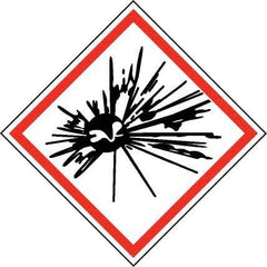 NMC - Hazardous Materials Label, Header: Explosive Warning - Legend: GHS - Graphic, English, Black & Red, 2" Long x 2" High, No Coating - Benchmark Tooling