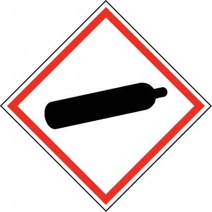 NMC - Hazardous Materials Label, Header: Compressed Gas Warning - Legend: GHS - Graphic, English, Black & Red, 2" Long x 2" High, No Coating - Benchmark Tooling