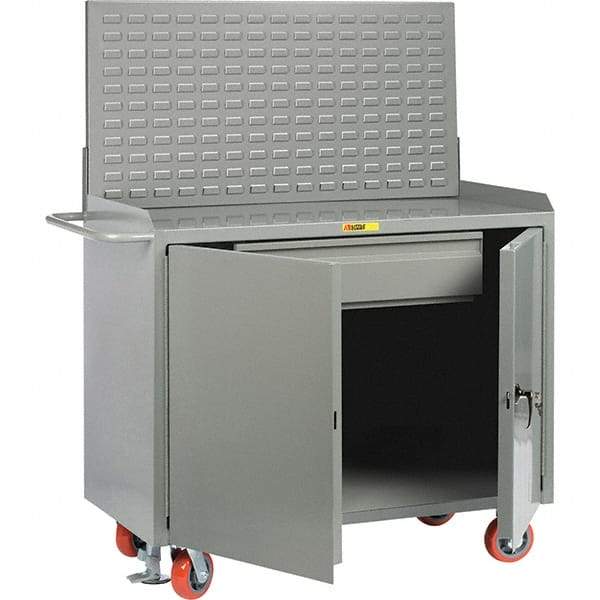 Little Giant - 3,600 Lb Capacity, 2 Shelf, 1 Drawer, 2 Door Mobile Bench Cabinet with Louvered Panel - 53" Wide x 24" Deep x 43" High, Steel, Gray - Benchmark Tooling