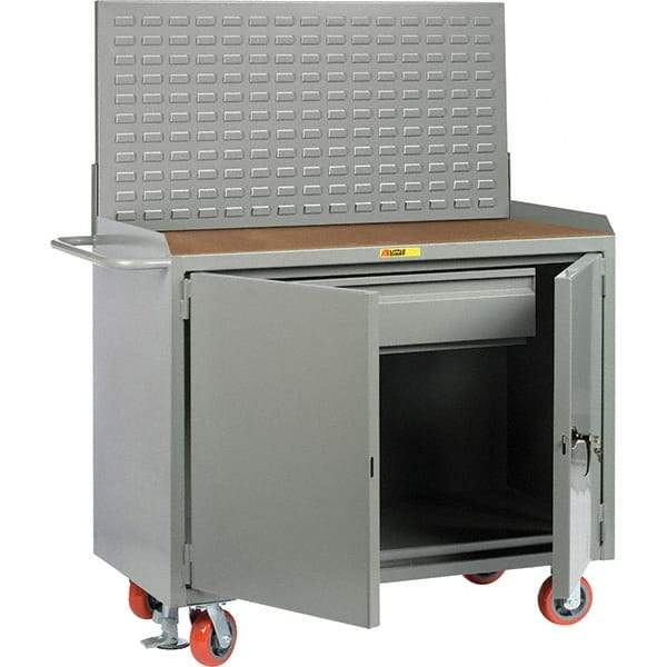 Little Giant - 3,600 Lb Capacity, 2 Shelf, 1 Drawer, 2 Door Mobile Bench Cabinet with Louvered Panel - 53" Wide x 24" Deep x 43" High, Steel, Gray - Benchmark Tooling