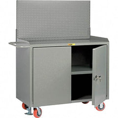 Little Giant - 3,600 Lb Capacity, 3 Shelf, 2 Door Mobile Bench Cabinet with Pegboard Panel - 53" Wide x 24" Deep x 43" High, Steel, Gray - Benchmark Tooling