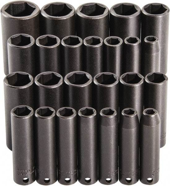 Proto - 25 Piece 3/8" Drive Deep Impact Socket Set - 6 Points, 15/16 to 1", 7 to 19mm, Inch/Metric Measurement Standard - Benchmark Tooling