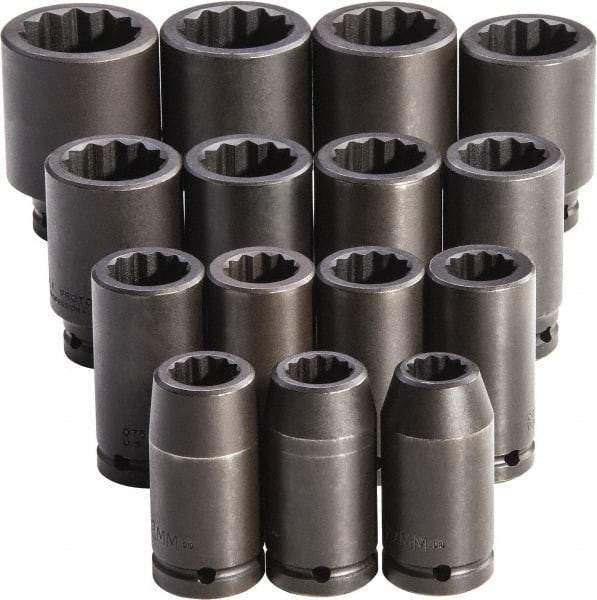 Proto - 15 Piece 3/4" Drive Full Polish Finish Deep Well Impact Socket Set - 12 Points, 19mm to 43mm Range, Metric Measurement Standard - Benchmark Tooling