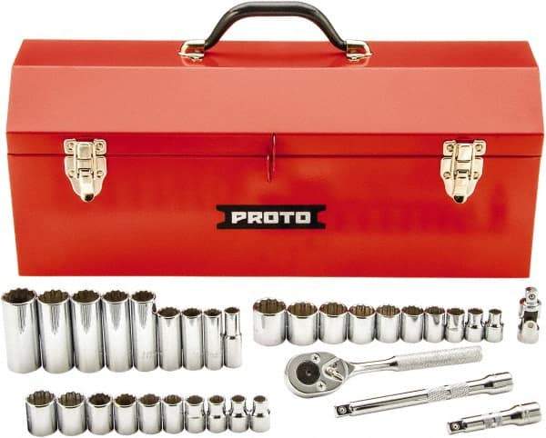 Proto - 34 Piece 3/8" Drive Chrome Finish Deep Well Socket Set - 12 Points, 5/16" (8mm to 19mm) Range, Inch/Metric Measurement Standard - Benchmark Tooling