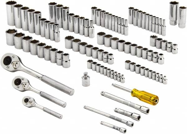 Proto - 101 Piece 1/4, 3/8 & 1/2" Drive Standard Deep Socket Set - 6 & 12 Points, 1/4 to 1", 4 to 19mm, Inch/Metric Measurement Standard - Benchmark Tooling