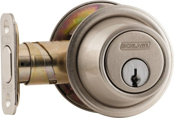 Schlage - 1-3/8 to 1-3/4" Door Thickness, Satin Chrome Finish, Single Cylinder Deadbolt with Thumb Turn - - Exact Industrial Supply