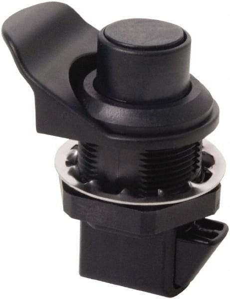 Made in USA - 2.07" Long x 1.13" Wide x .98" High, Push Knob Latch - Plastic, with Black Finish - Benchmark Tooling
