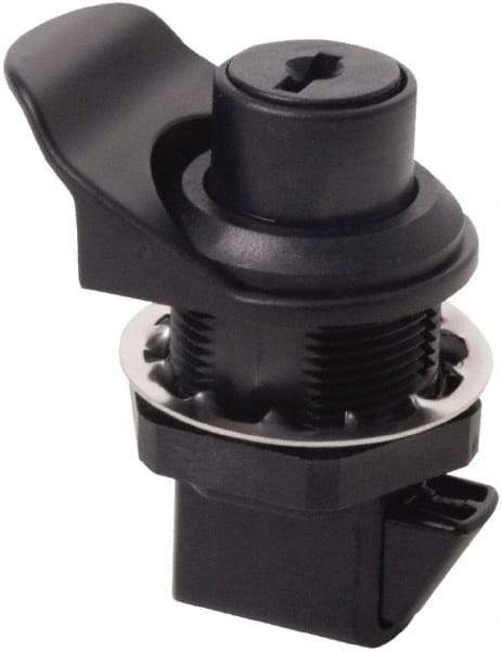 Made in USA - 2.07" Long x 1.13" Wide x .98" High, Push Knob Latch - Plastic, with Black Finish - Benchmark Tooling