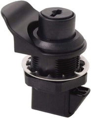 Made in USA - 2.07" Long x 1.13" Wide x .98" High, Push Knob Latch - Plastic, with Black Finish - Benchmark Tooling