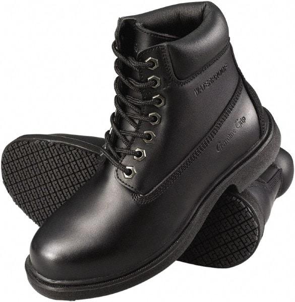 Genuine Grip - Men's Size 9.5 Wide Width Plain Work Boot - Black, Leather Upper, Rubber Outsole, 6" High, Dielectric, Non-Slip, Waterproof - Benchmark Tooling