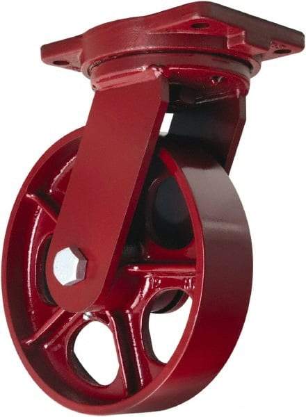 Hamilton - 10" Diam x 2-1/2" Wide x 12-1/2" OAH Top Plate Mount Swivel Caster - Cast Iron, 2,500 Lb Capacity, Straight Roller Bearing, 6-1/8 x 7-1/2" Plate - Benchmark Tooling
