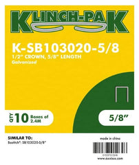 Klinch-Pak - 5/8" Long x 1/2" Wide, 0 Gauge Narrow Crown Construction Staple - Steel, Galvanized Finish, Chisel Point - Benchmark Tooling