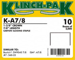 Klinch-Pak - 7/8" Long x 1-3/8" Wide, 0 Gauge Wide Crown Construction Staple - Steel, Copper Finish, Chisel Point - Benchmark Tooling