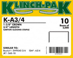 Klinch-Pak - 3/4" Long x 1-3/8" Wide, 0 Gauge Wide Crown Construction Staple - Steel, Copper Finish, Chisel Point - Benchmark Tooling