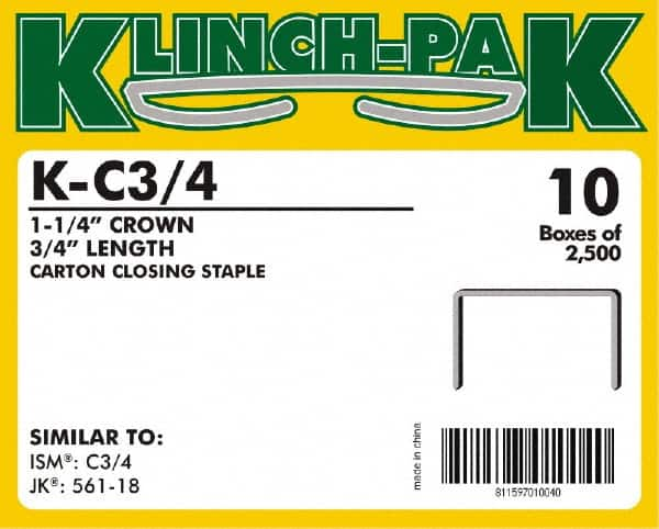 Klinch-Pak - 3/4" Long x 1-1/4" Wide, 0 Gauge Wide Crown Construction Staple - Steel, Copper Finish, Chisel Point - Benchmark Tooling