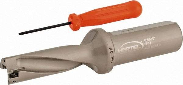 Hertel - 2-1/4" Max Drill Depth, 3xD, 3/4" Diam, Indexable Insert Drill - 2 Inserts, 1" Shank Diam, Straight Shank - Benchmark Tooling