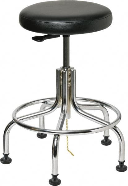 Bevco - 22" Wide x 22" Deep x 19 to 24" High, Steel Base, Versa ESD Backless Adjustable Height Swivel Stool with Chrome Steel Base - Vinyl Seat, Black, Footring, Mushroom Glides - Benchmark Tooling