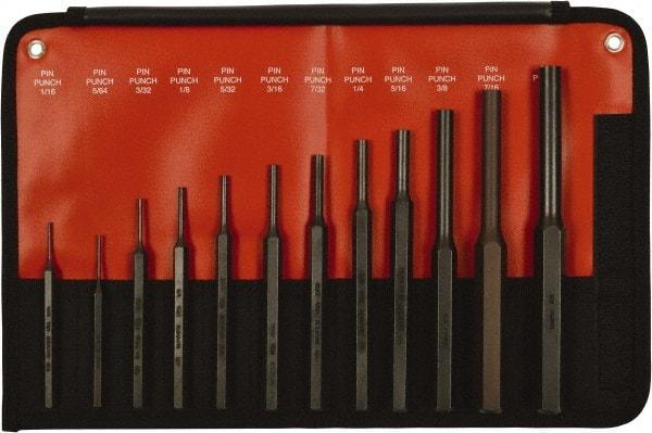 Mayhew - 12 Piece, 1/16 to 1/2", Pin Punch Set - Hex Shank, Steel, Comes in Kit Bag - Benchmark Tooling