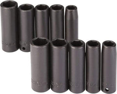 Proto - 10 Piece 1/2" Drive Black Finish Deep Well Impact Socket Set - 6 Points, 1/2" to 13/16" (13mm to 21mm) Range, Inch/Metric Measurement Standard - Benchmark Tooling